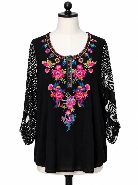 Calessa Tops - Black Embroidered Floral Tunic Top with Mixed-Print Sleeves